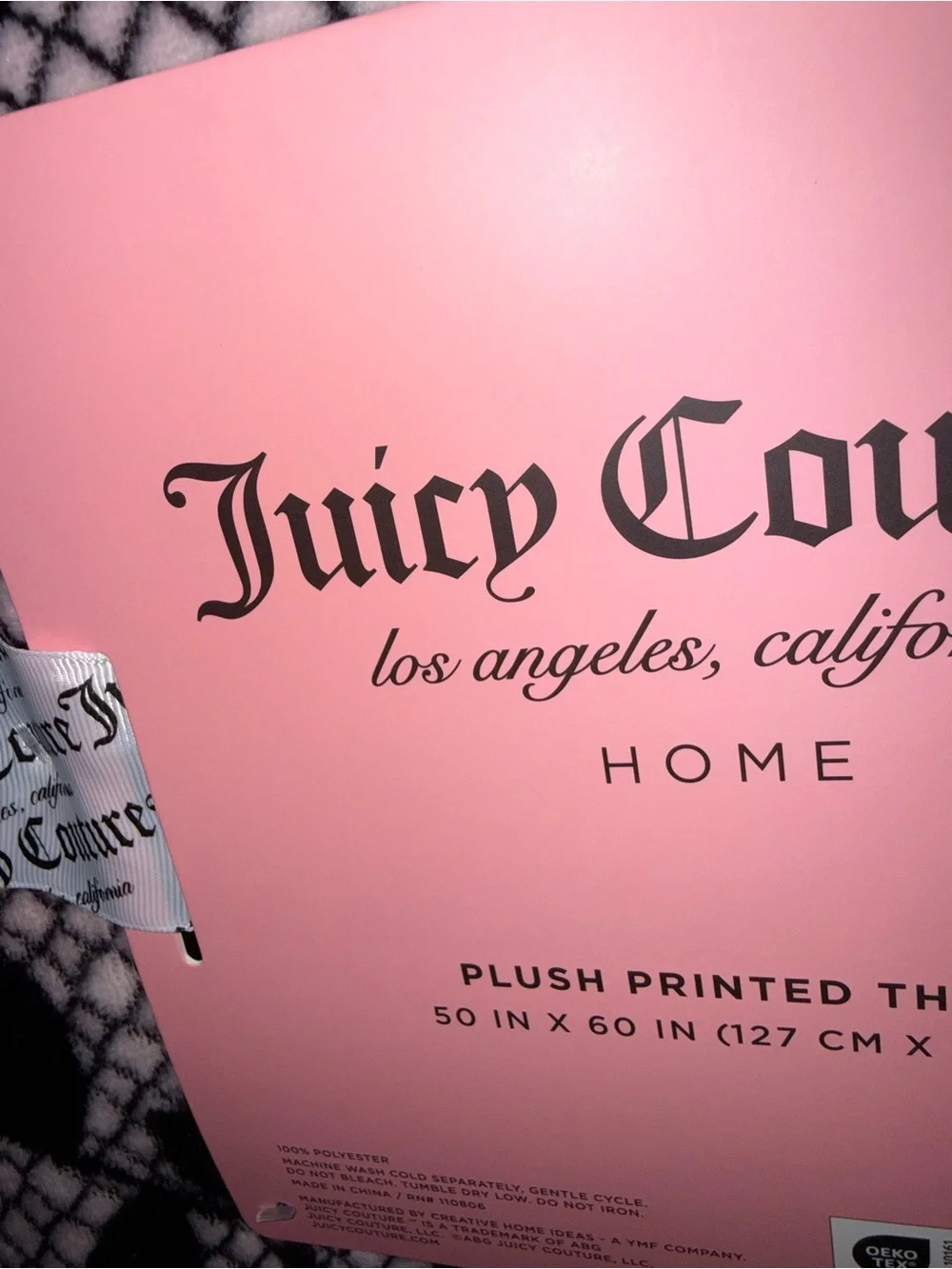 Juicy Couture Black & Light Pink Rose Print Plush Throw Blanket
